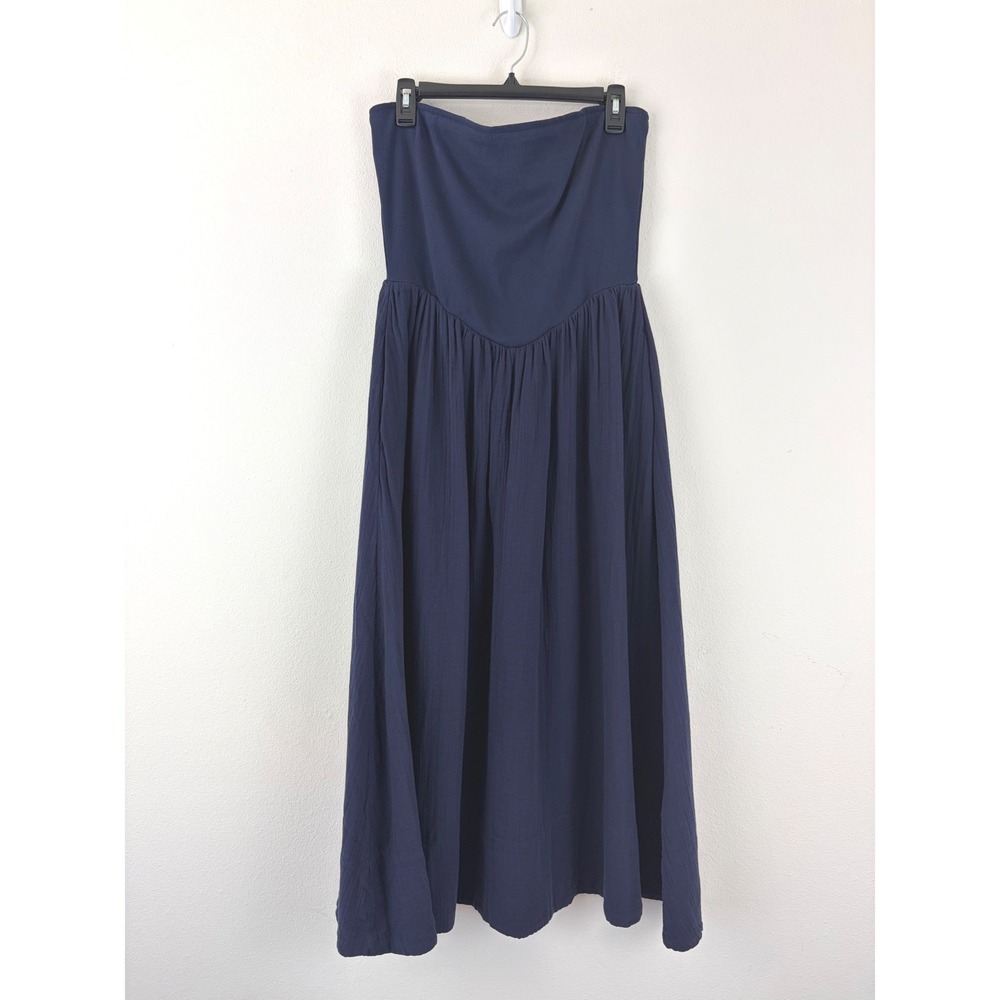 Basque Waist Midi Dress Gap L Petite Blue Ribbed Gauze Convertible Strapless